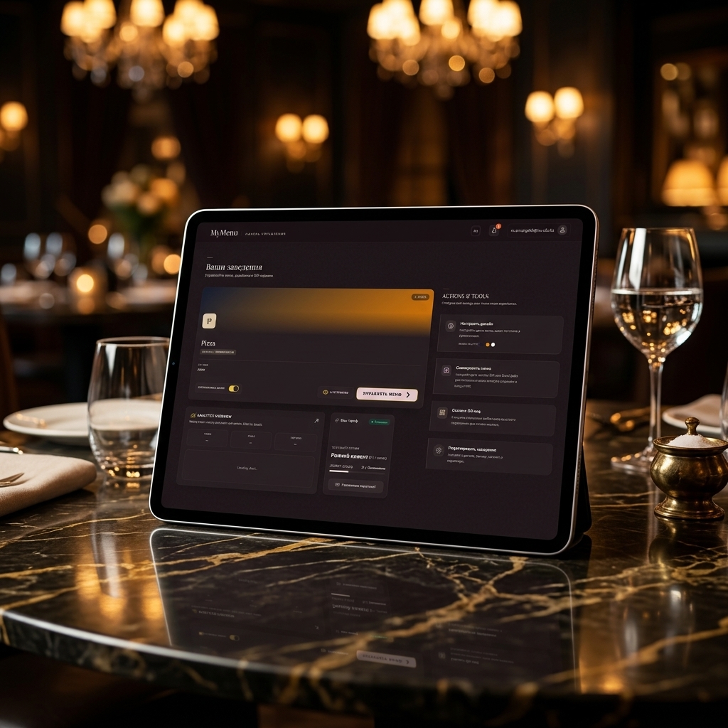 Premium restaurant digital menu interface displayed on a sleek tablet resting on a dark marble table